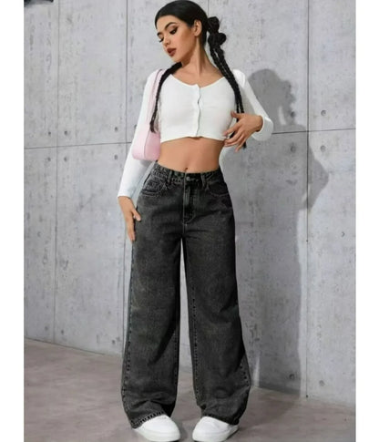 Women's Classic Wide Leg Stretch Jeans with Button  Soft Comfortable Autumn Winter Vintage Wash Stylish Jeans High Street Pants