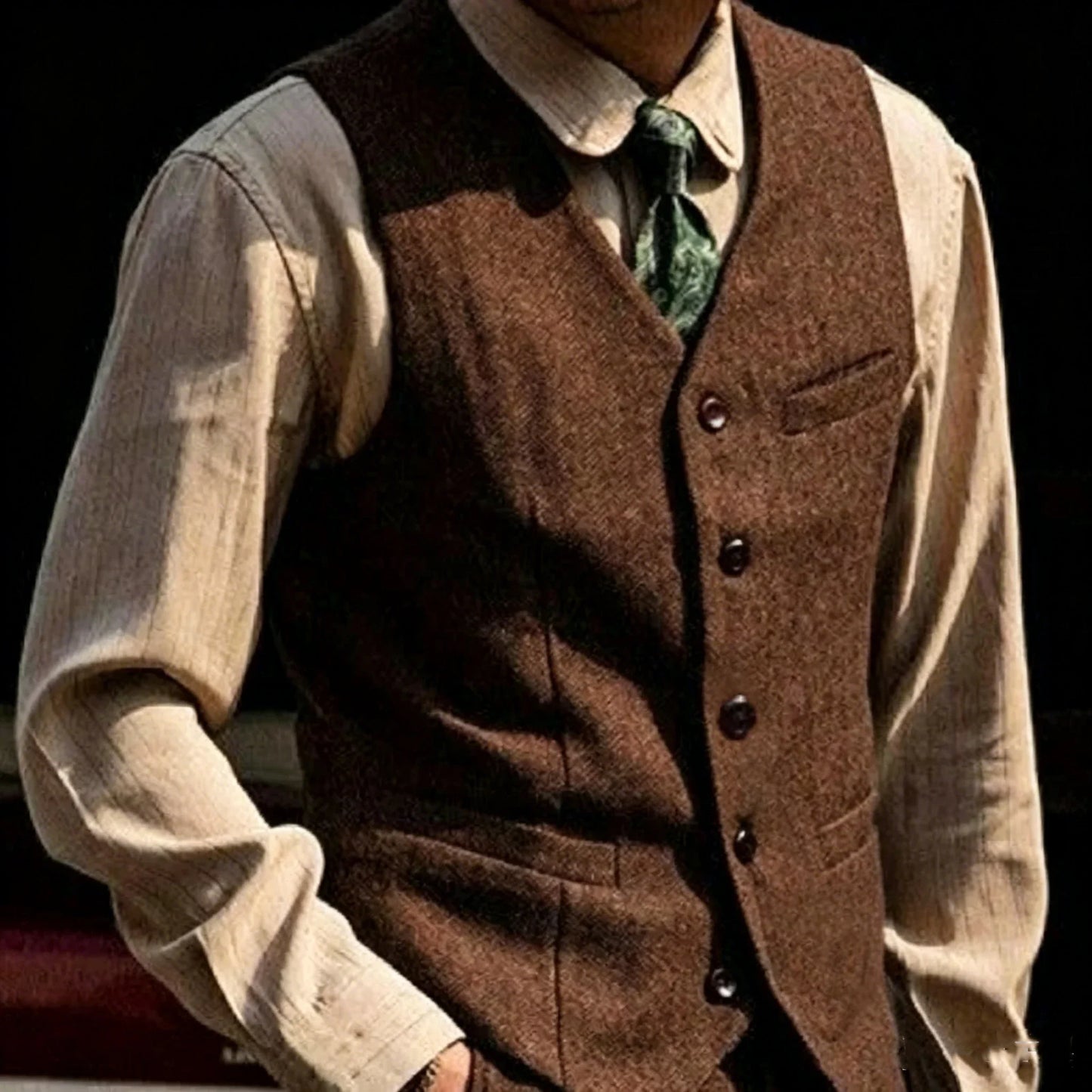 Vintage Men's Suit Vest V Neck Wool Herringbone Tweed Casual Classic Slim Fit Waistcoat Formal Business Wedding Groomsmen