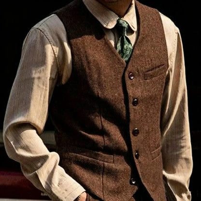 Vintage Men's Suit Vest V Neck Wool Herringbone Tweed Casual Classic Slim Fit Waistcoat Formal Business Wedding Groomsmen