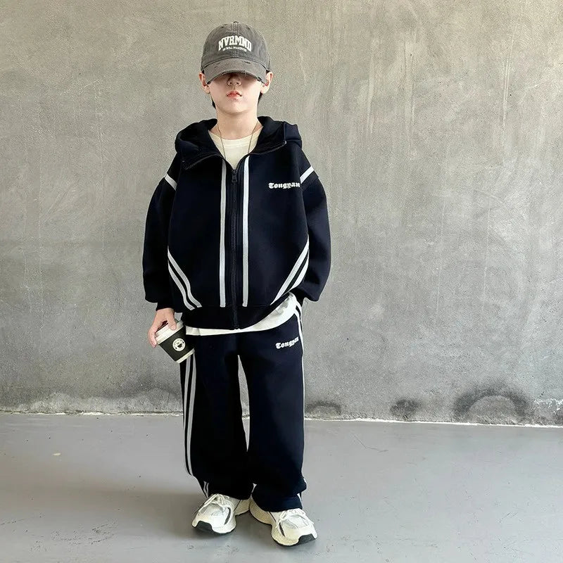 SpringAutumn Boys Navy Striped Zip Sweatshirt Jacket+Sweatpant Work Set School Kids 2PCS Tracksuit Children Jogger Outfit 5-16Yr
