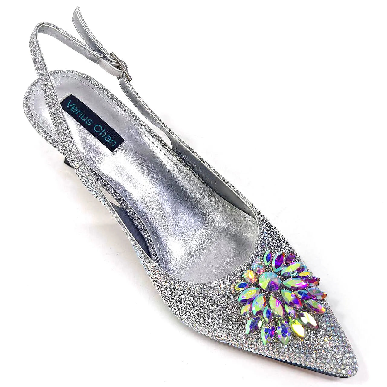 Italian Shoes and Bags Matching Set 2024 Silver Color Rhinestone Fashion High Heels for Women Pointed Toe Pumps