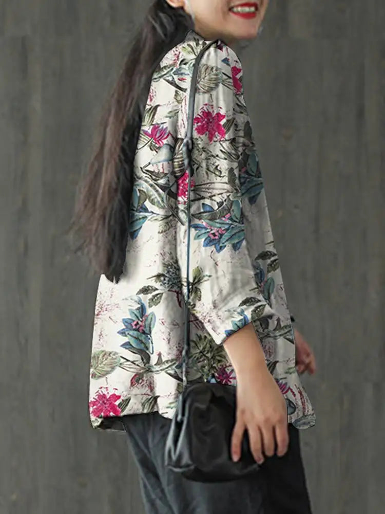 Women Cotton Blazer Vintage Lapel Neck Long Sleeve Thin Coats Autumn Elegant Work Suit Retro Floral Printed Loose Outwear