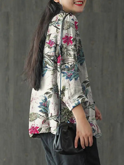 Women Cotton Blazer Vintage Lapel Neck Long Sleeve Thin Coats Autumn Elegant Work Suit Retro Floral Printed Loose Outwear