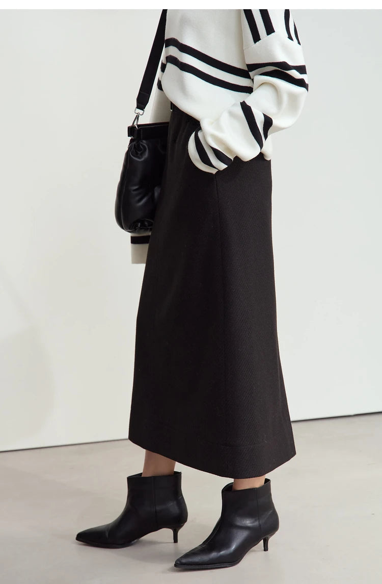 Minimalism Women's Elegant Commuter Skirts with Velvet Belt 2024 Winter Twill Fabric Warm Slit Straight Midi Skirt 12444183
