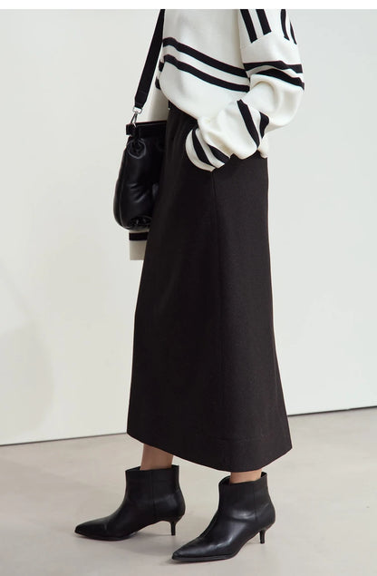 Minimalism Women's Elegant Commuter Skirts with Velvet Belt 2024 Winter Twill Fabric Warm Slit Straight Midi Skirt 12444183