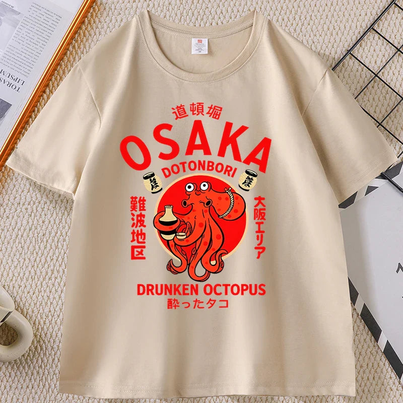 Japanese Style T-shirt drunken octopus Osaka Tshirt Seafood Men Women Graphic Tee Cotton Printed Short Sleeve T Shirt Streetwear