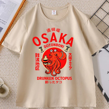 Japanese Style T-shirt drunken octopus Osaka Tshirt Seafood Men Women Graphic Tee Cotton Printed Short Sleeve T Shirt Streetwear