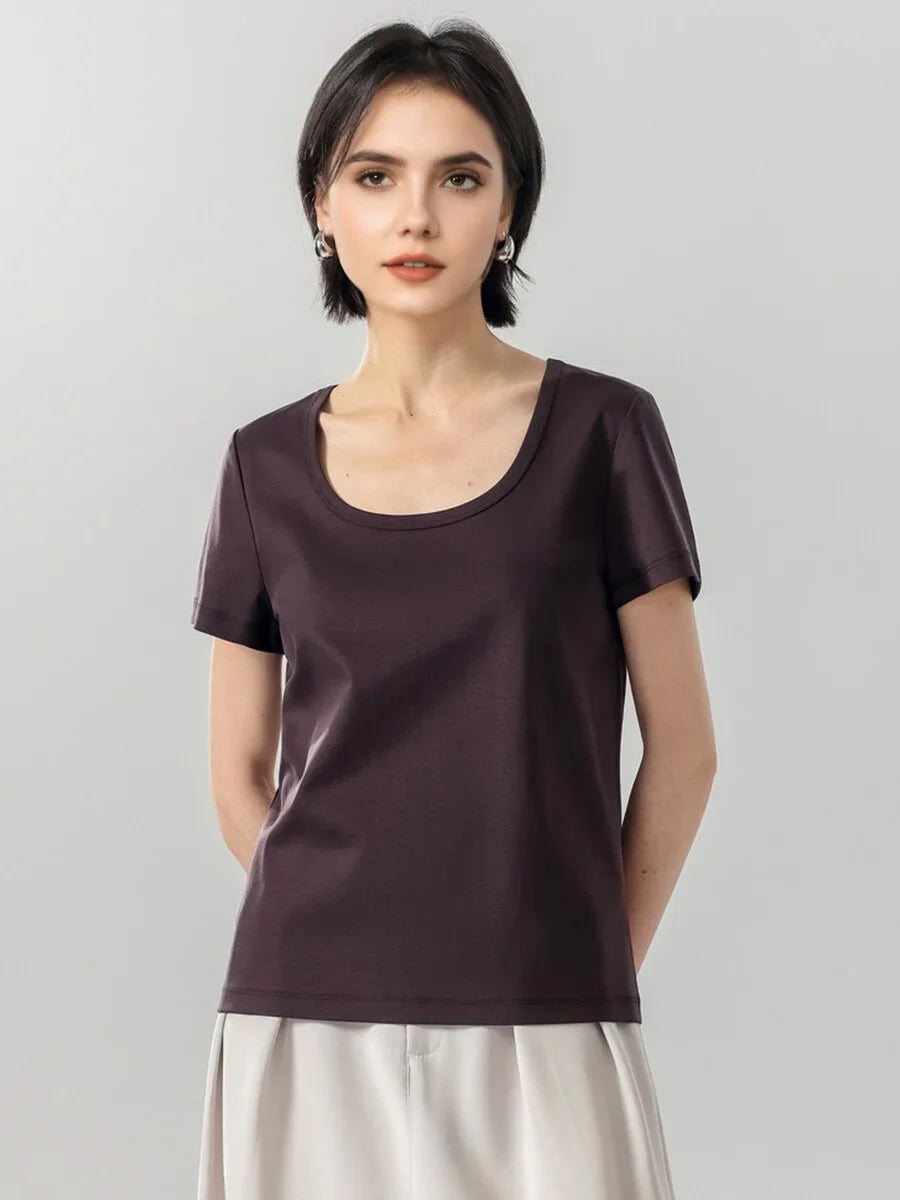 Women Solid T Shirt, Silk Cotton Blend, Square Collar, Short Sleeves Chic Shirt 2025 Spring Summer Cozy Top