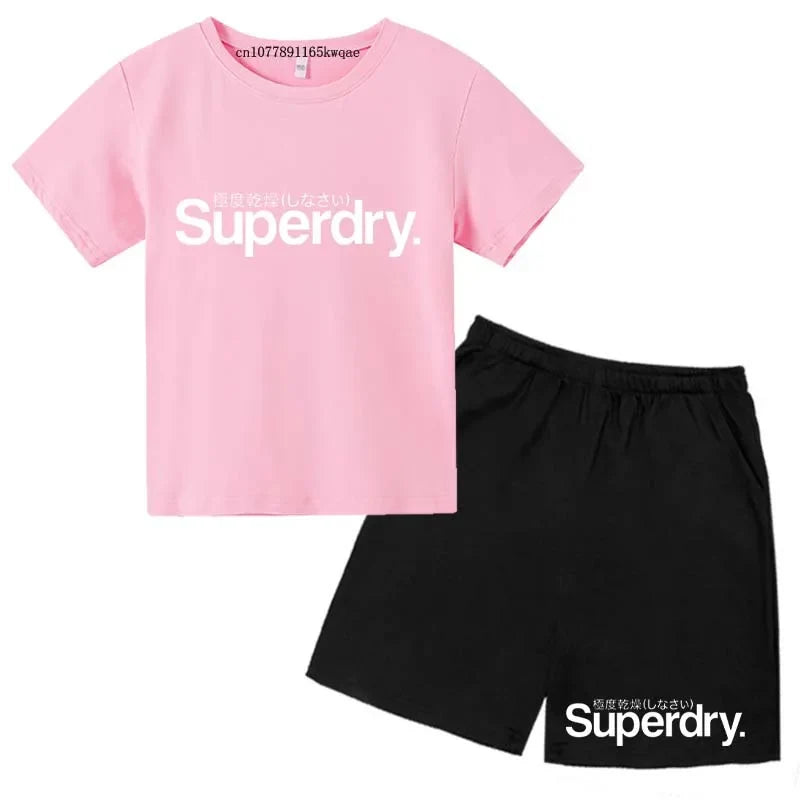 Kids Summer Casual Letter Print Breathable Tees+Short Pants 2pcs Suits 2-13 Years Boys Girls Fashion Outfits Children Clothes