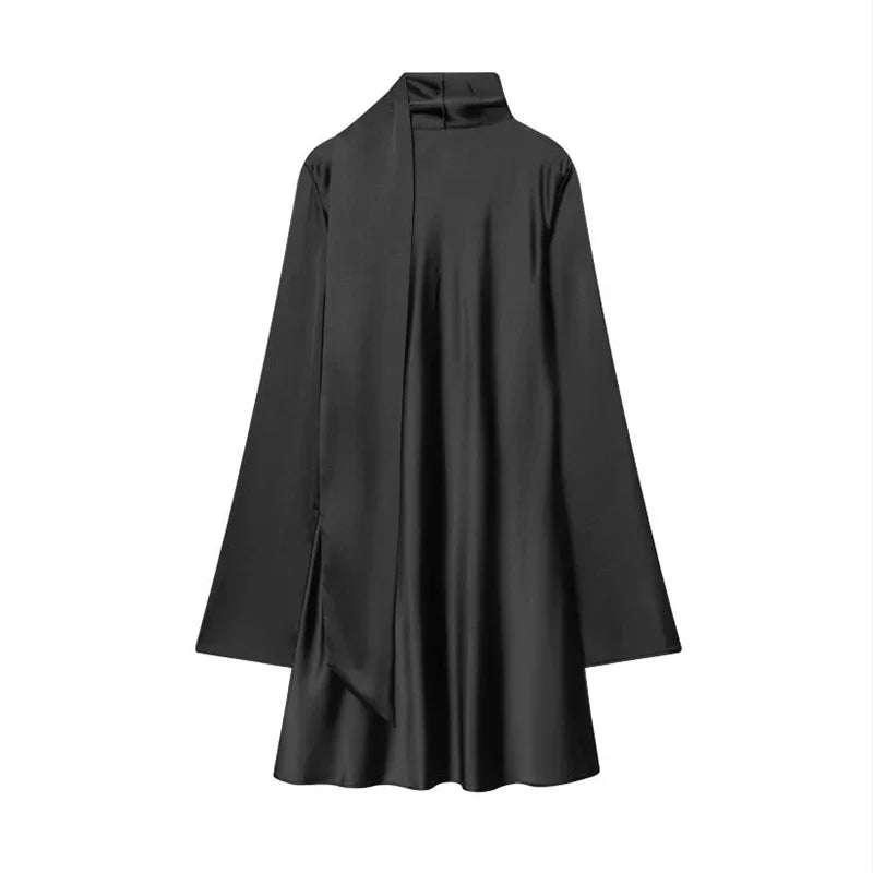 Women Fashion Satin Elegant Short Dress Summer Autumn New Long Sleeve Scarf V neck Mini Dress Female Elegant Party Dresses