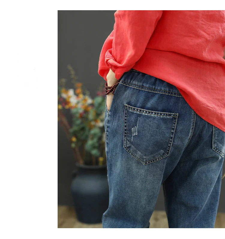 Summer Females Luxury Embroidery Jeans Womens Fashion Vintage Ripped Denim Trousers Loose Holes Elastic Harem Pants