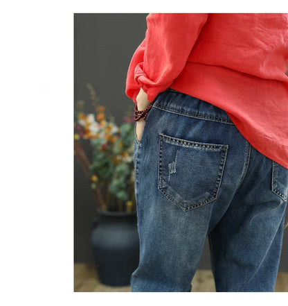 Summer Females Luxury Embroidery Jeans Womens Fashion Vintage Ripped Denim Trousers Loose Holes Elastic Harem Pants