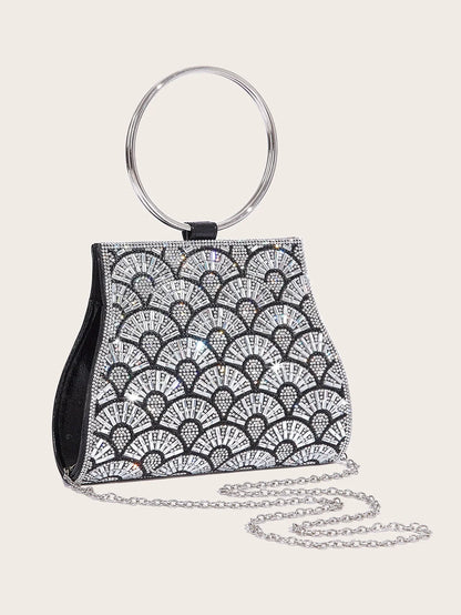 Banquet Bag Wedding Fashion Handbag Silver Artificial Leather Handmade Diamond Chain Bag for Women