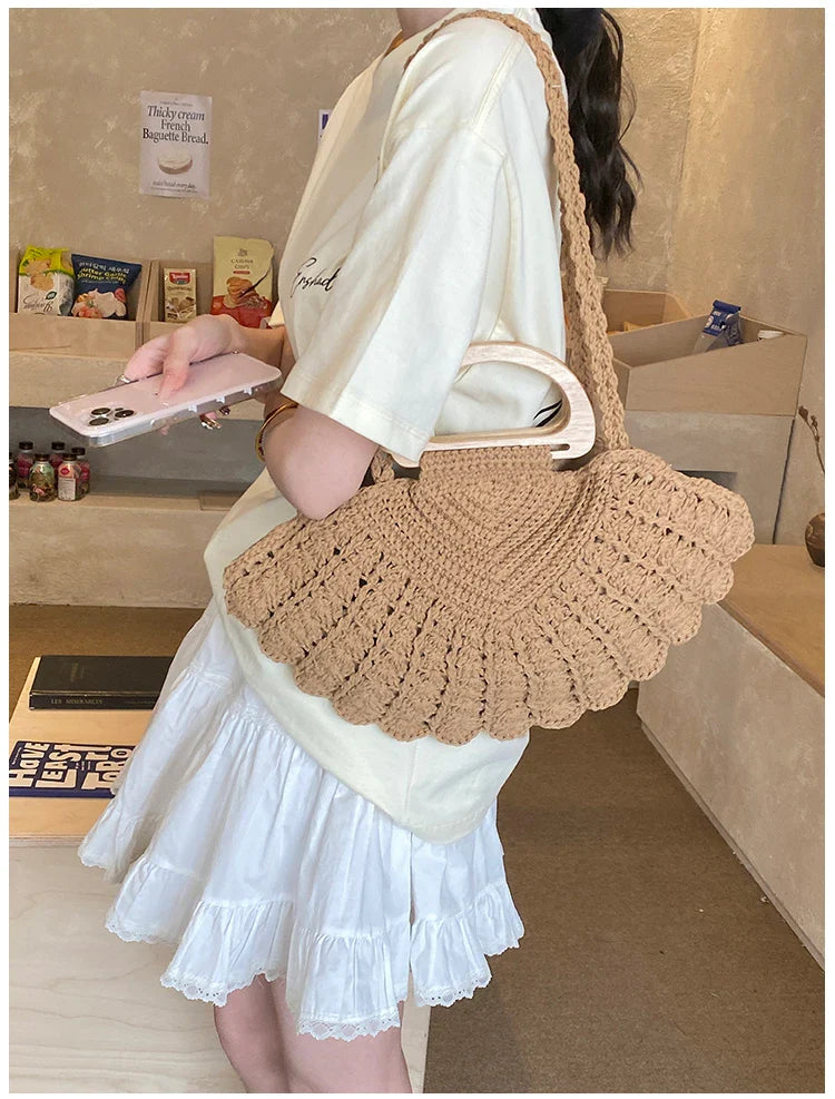 2026 New Retro Fan-shaped Crochet Woven Underarm Bag for Women Ins Style Seaside Vacation Versatile Wooden Handle Shoulder Bag