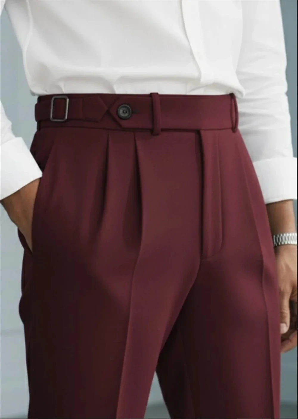 Vintage Men’s Burgundy High Waist Pleated Trousers Tailored Dress Pants with Side Adjusters Tailor Made