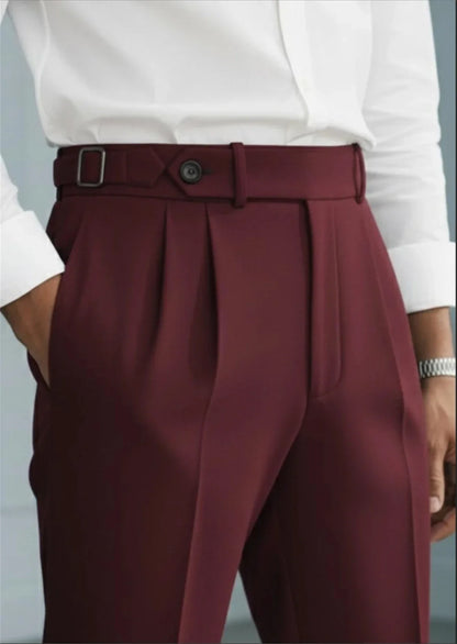 Vintage Men’s Burgundy High Waist Pleated Trousers Tailored Dress Pants with Side Adjusters Tailor Made