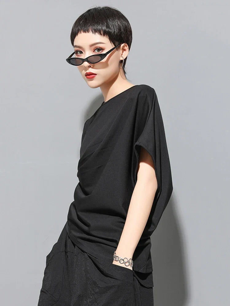 Women Black Asymmetric Pleated Big Size T-shirt New Round Neck Batwing Sleeve Fashion Tide Spring Summer 2026 1DF4667