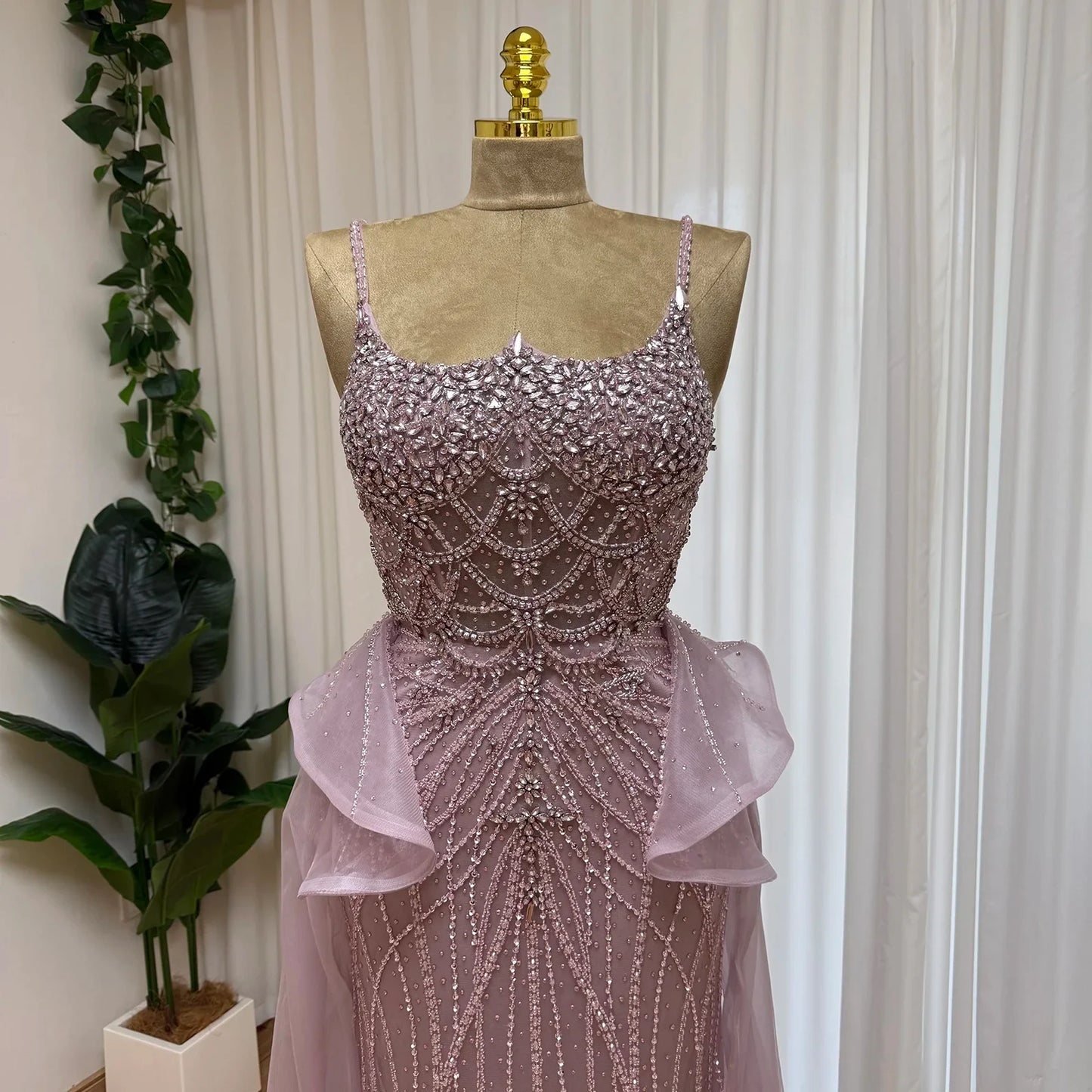 Luxury Beaded Mermaid Evening Dress Spaghetti Strap Detachable Overlay Formal Prom Wedding Party Gown Customized