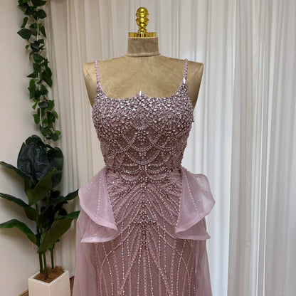 Luxury Beaded Mermaid Evening Dress Spaghetti Strap Detachable Overlay Formal Prom Wedding Party Gown Customized