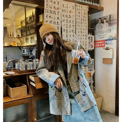 Women's Blazer Jacket 2025 Spring Autumn Fashion Graffiti Printed Ladies Lattice Suit Coat Casual Korean Version Lady Outerwear