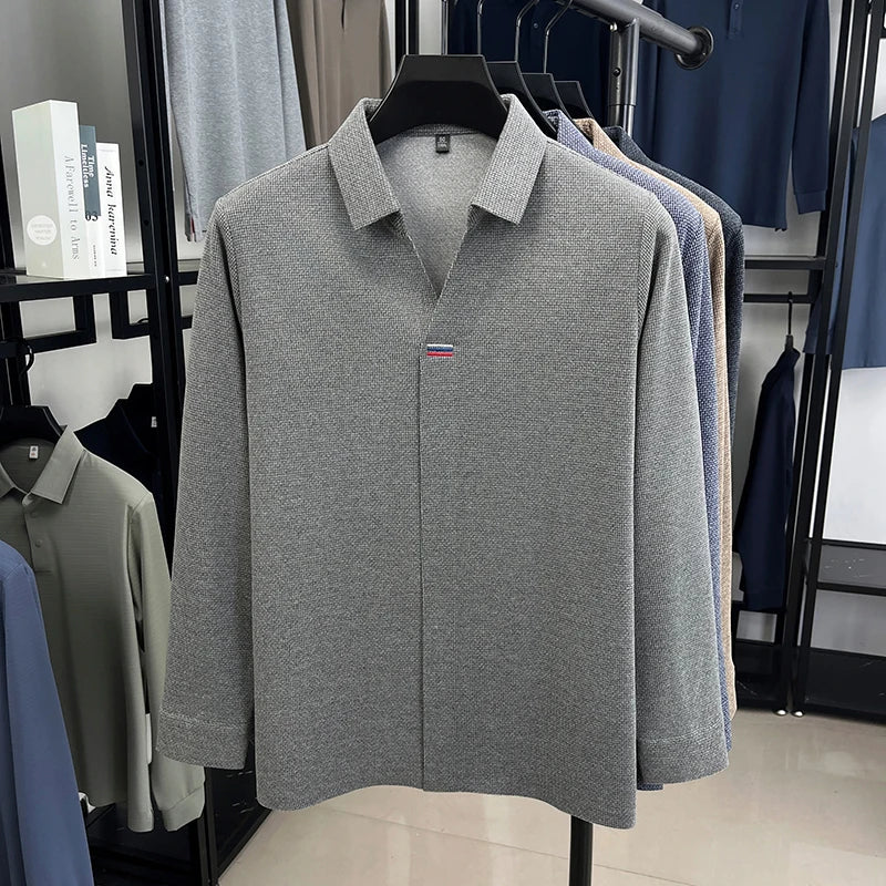 High end brand men's long sleeve V-neck polo shirt autumn fashion new striped embroidery design boutique golf top casual T-shirt