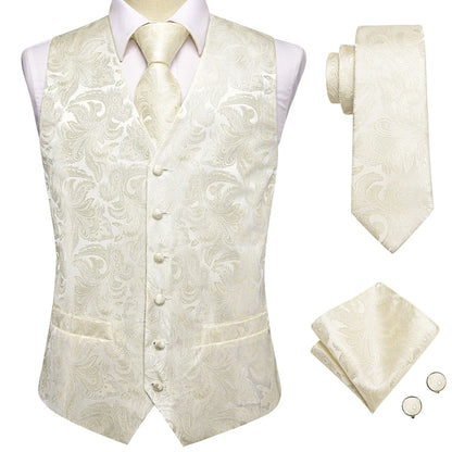 Silk Mens Suit Vests 4PC Woven Sage Green Solid Waistcoat Tie Pocket Square Cufflinks Business Wedding Dress Waist Jacket
