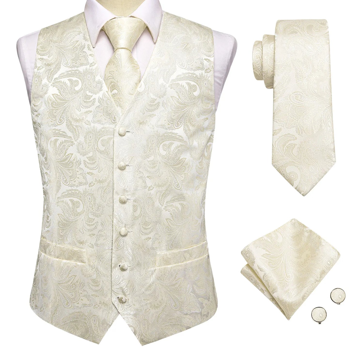 Silk Mens Waistcoat Tie Set Gold Brown Orange Beige Ivory Khaki Bronze Sleeveless Jacket Suit Vest Necktie Hanky Cufflink