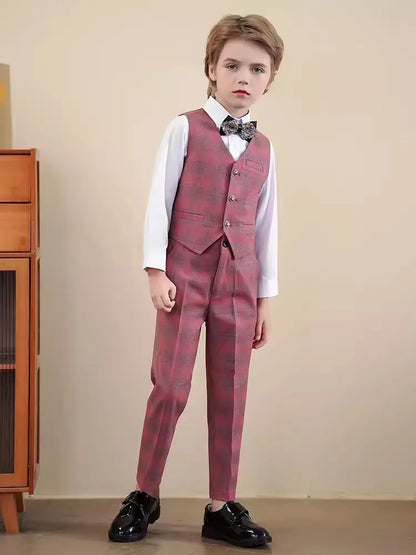 Children Red Jacket Vest Pants 3PCS Photograph Suit Boys Wedding Dress Prince Kids Tuxedo Set Teenager Birthday Party Costume