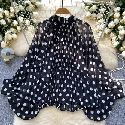 Autumn Leopard Print Blouse Women Bow Neck Long Sleeves Loose Top Korean Style Ins Polka Dot Chiffon Shirt 2025