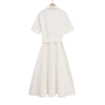 2025 new  women's elegant fashion hollow embroidery cotton shirt lapel short-sleeved dress temperament long skirt