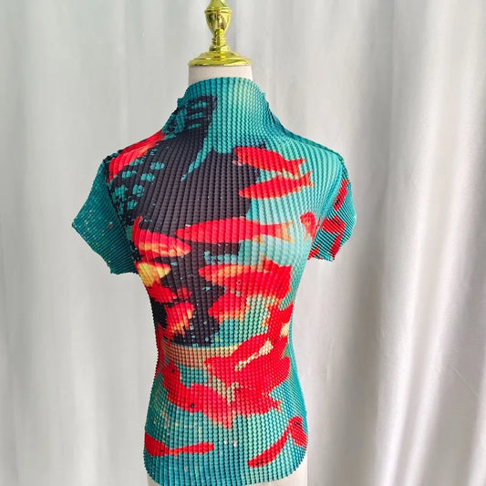 Kimotimo Harajuku Folds Goldfish Print T-shirt Women Summer Y2k Aesthetic Turtleneck Slim Crop Top Short Sleeve Ropa De Mujer