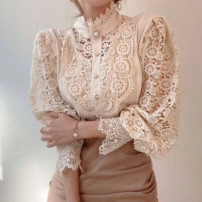 Vintage Solid White Lace Blouse Shirts Women New Korean Button Loose Shirt Tops Female Hollow Casual Ladies Blouses Blusas