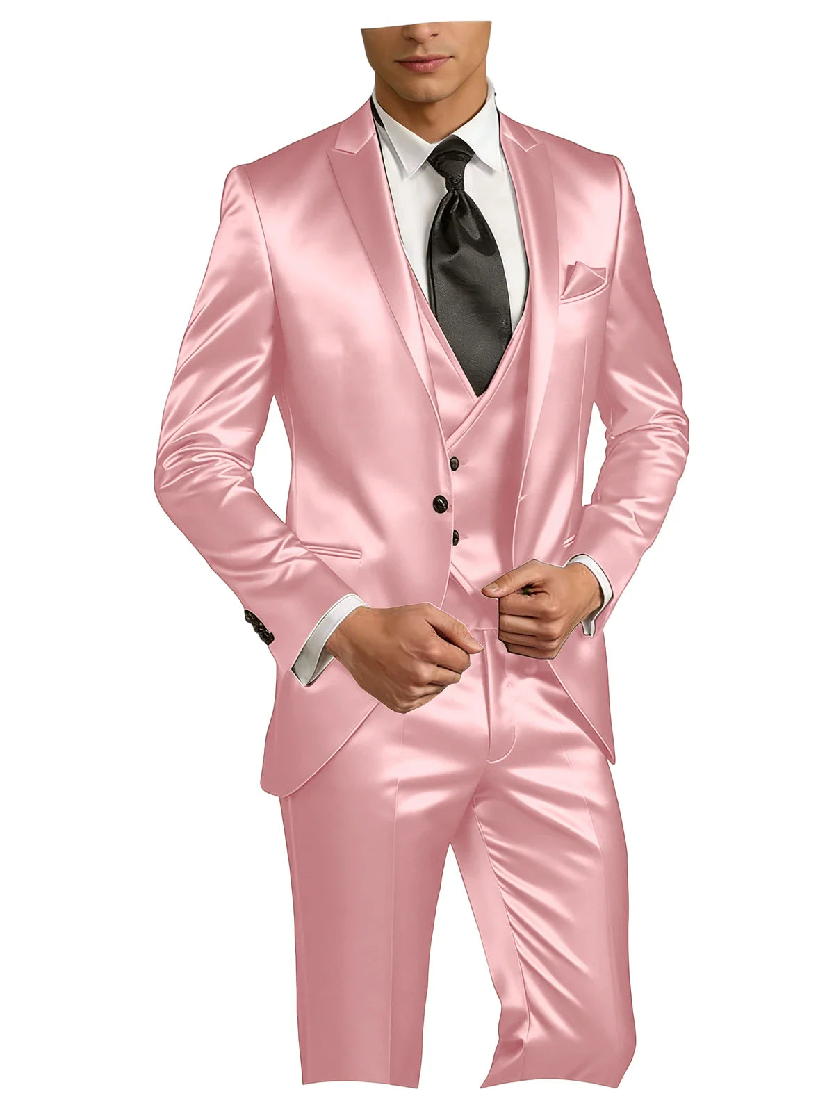 Luxury Men's Satin Suit 3 Piece Set Notch Lapel Slim Fit 1 Button Blazer Vest Pants for Formal Groom Groomsmen Prom Party