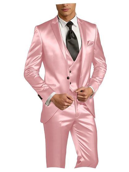 Luxury Men's Satin Suit 3 Piece Set Notch Lapel Slim Fit 1 Button Blazer Vest Pants for Formal Groom Groomsmen Prom Party