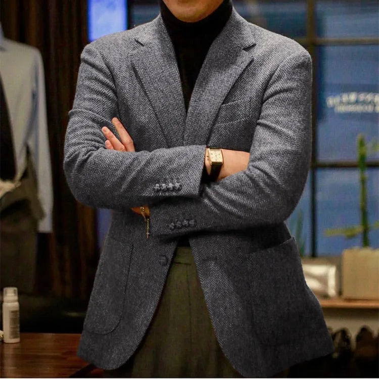 Retro British Tweed Men's Woolen Outwear Brown Wool Tweed Suit Herringbone Pattern Autumn and Winter Slim Fit Suit