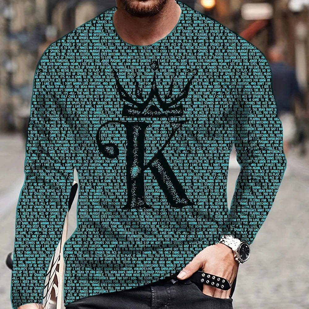 Summer Men's T-Shirt Big Size Loose Retro Short Sleeve Fashion American Poker Letter Print O Neck Long Sleeve Autumn Shirt