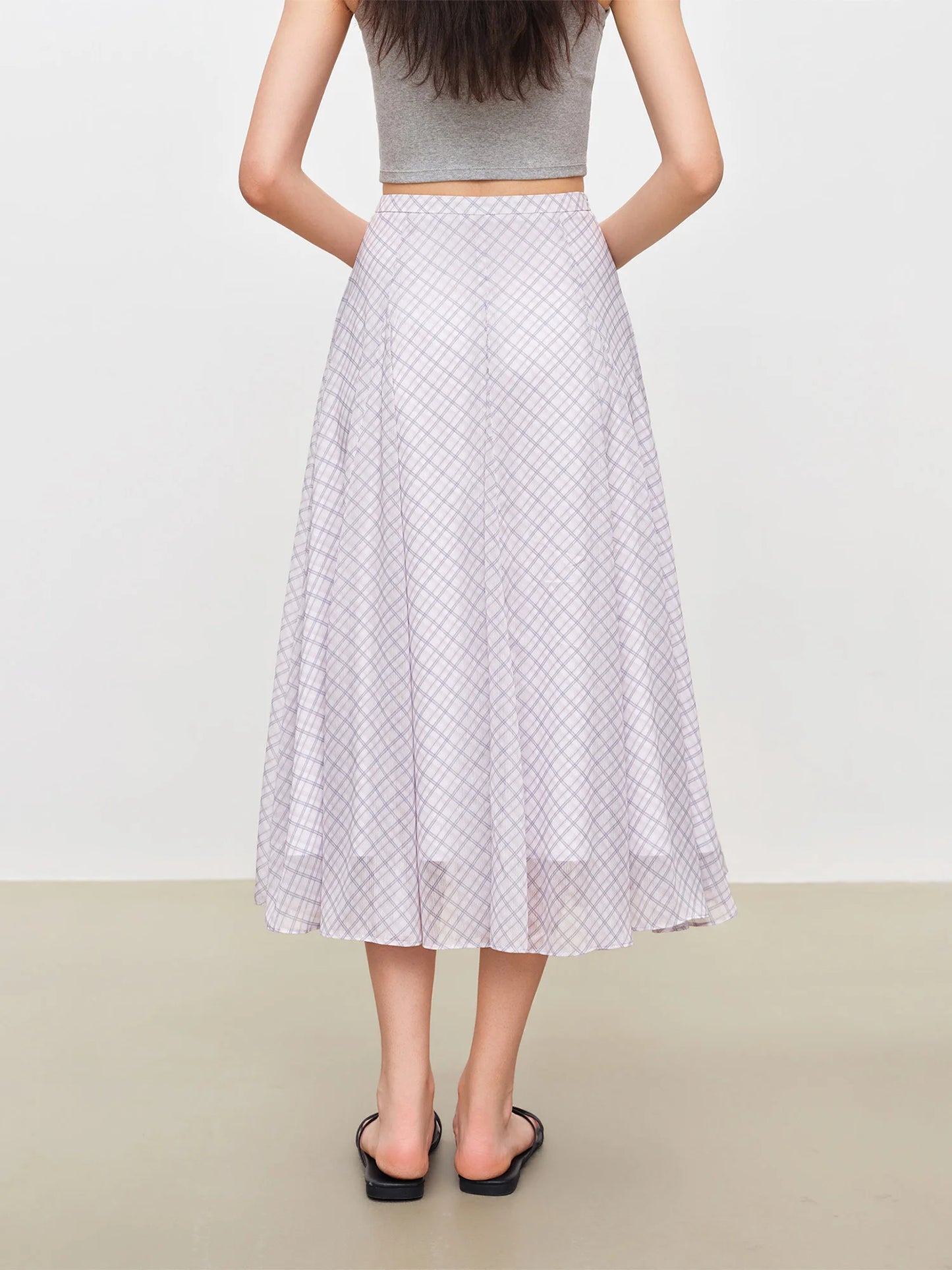 2026 Summer Women's Lilac Plaid High Waist A-Line Skirt for Daily and Resort Wear