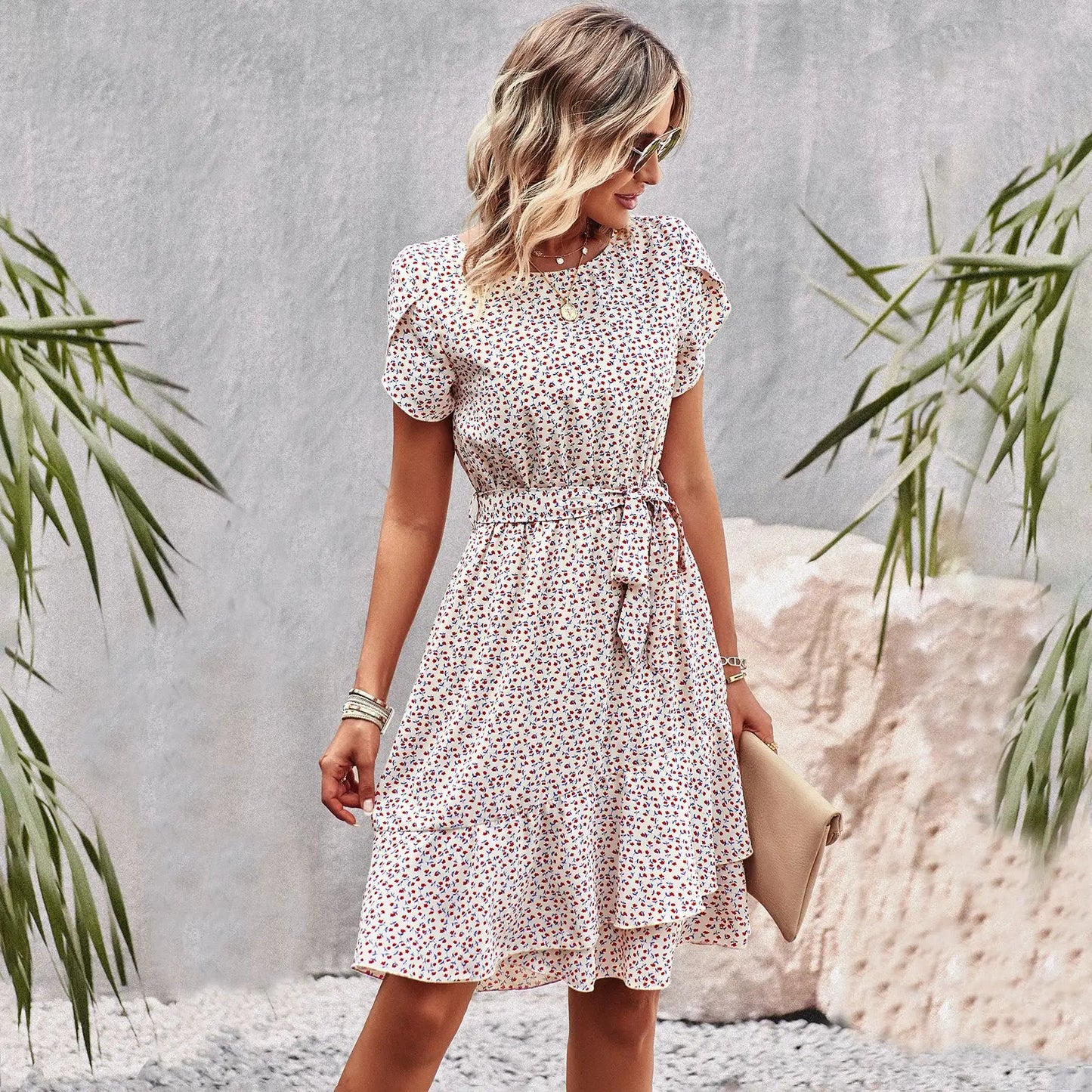 Summer O Neck Casual Printd Women Strap High Waist Pleated Floral Dress