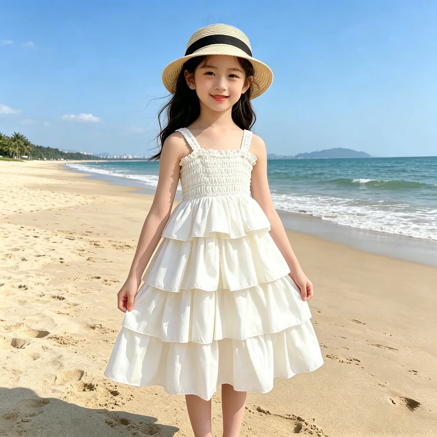 2026 Summer Girls Tiered Dress Sleeveless Strap Sundress Kids Ruffle Layered Casual Beach Party Princess Dress for 3-12 Years