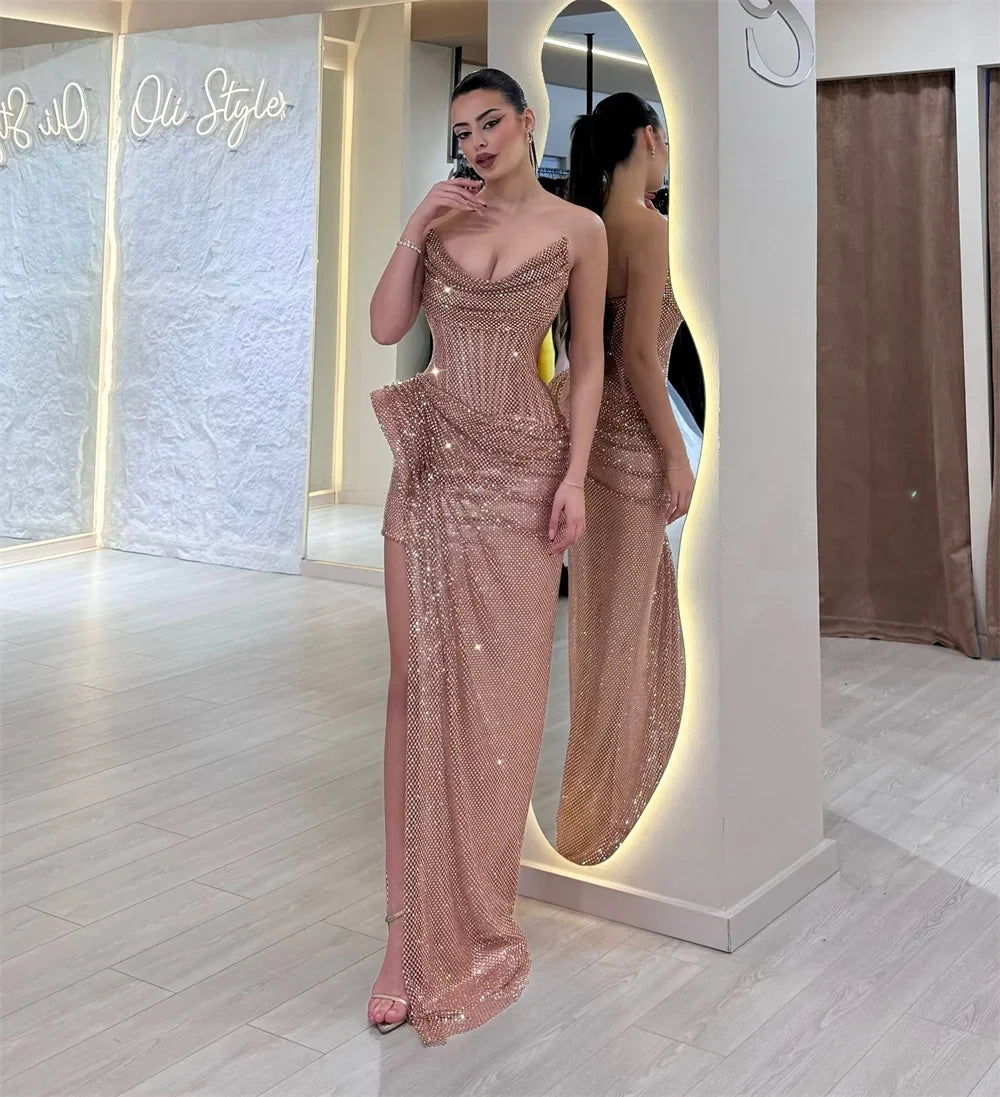 Dubai Customized Side High Slit Pleated Mermaid Prom Dress Floor-length Strapless Evening Dress Sleeveless Party Dress