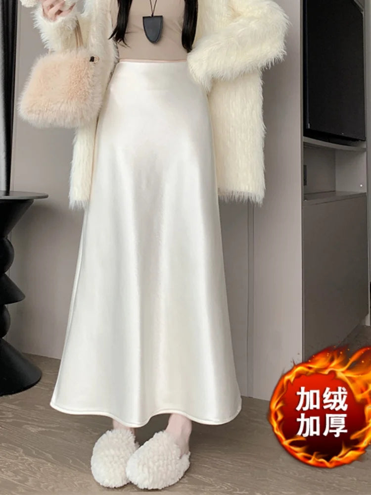 New Autumn Winter Solid Satin Silk Mermaid Skirt Women Fashion High Waist Office Ladies Work Warmth Party Long Maxi Skirt