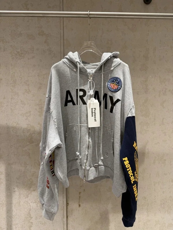 2026 Patchwork ARMY Vintage Damaged Cardigan Pullover Men Women Best Quality Hoodie