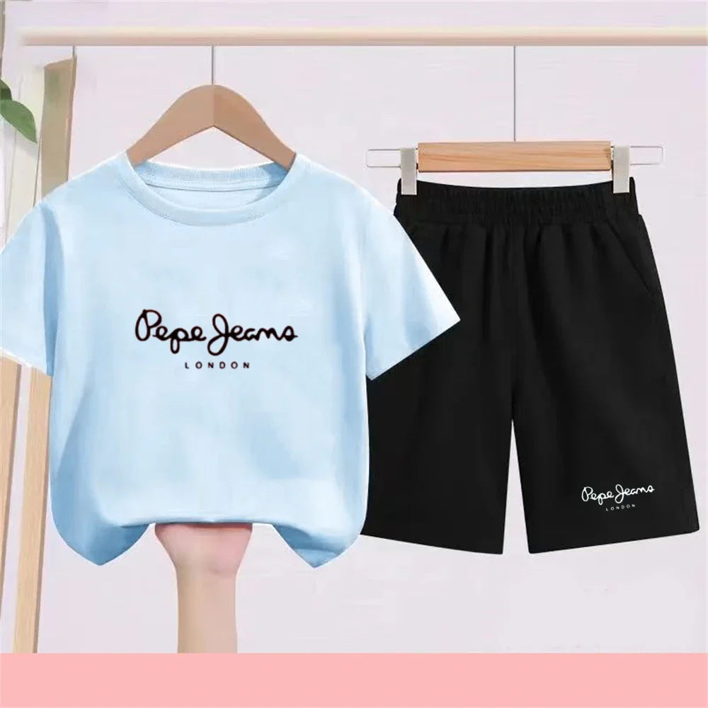 Summer T-shirt Children Short Sleeve Age 3-12 Girls Boy Set White Tshirt+Shorts 2pcs Youngster Cool Refreshing Kids Print Set