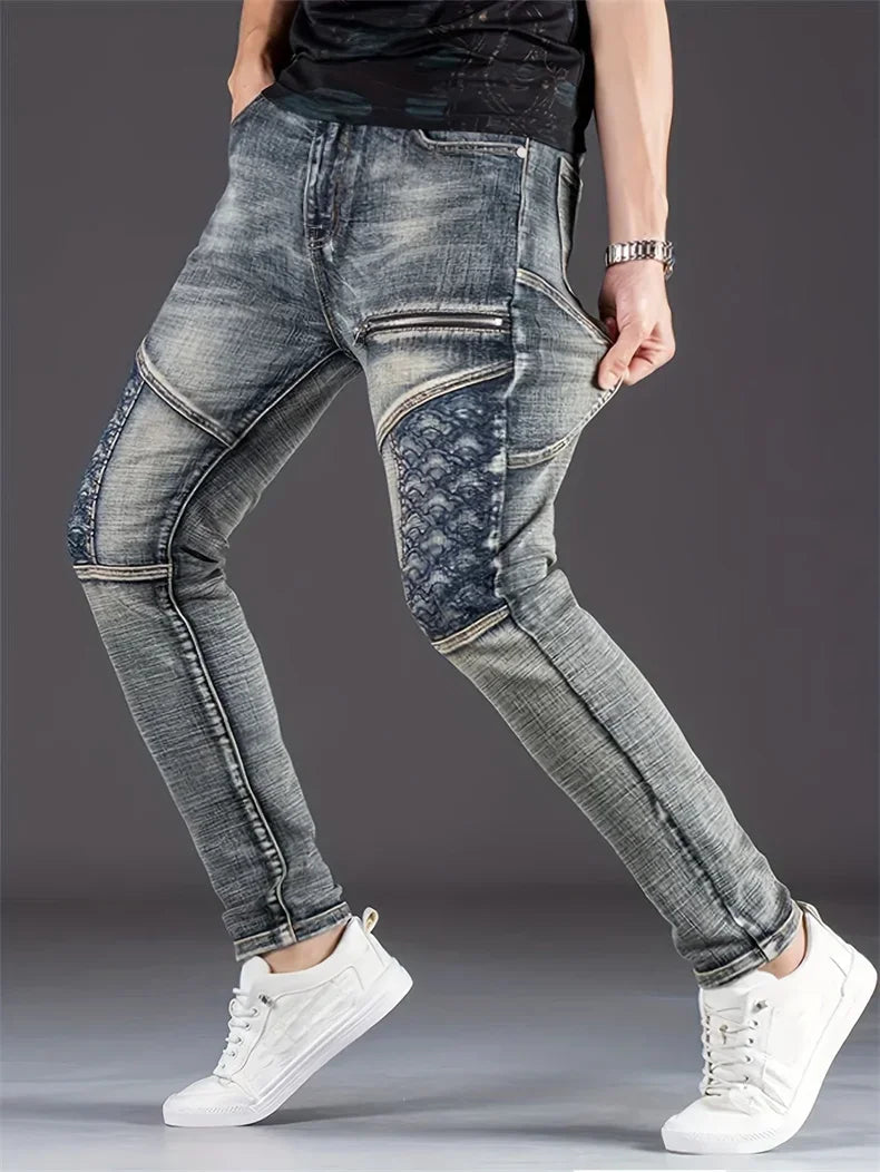 Streetwear Men's Motorcycle Jeans Stretch Nostalgic Fashion Casual Denim Trousers Slim Straight Patchwork Washed Cowboy Pants