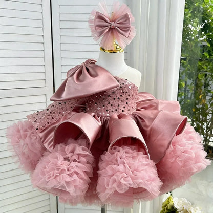 Customized Flower Girl Dresses Dusty Pink Sequin Satin Tulle With Bow For Wedding Birthday Party Prom Evening Banquet Ball Gown
