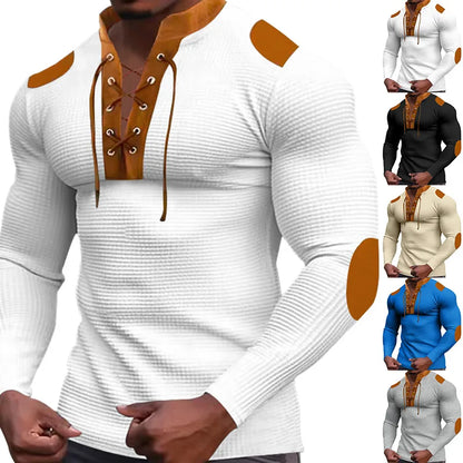 Cross-border new men's waffle color matching strap V-neck top casual long-sleeved bottoming T-shirt