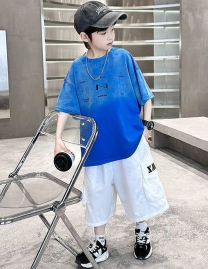 2026 New Boys Cotton T-Shirt Trendy Gradient Design for Big Kids Stylish Cool Summer Casual Wear