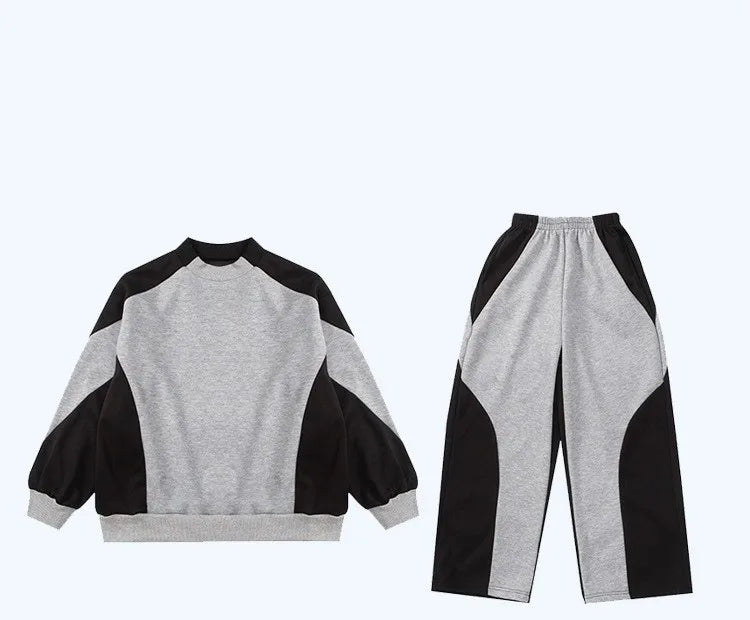 Spring Boys Black x Grey Contrast Pullover Sweatshirt+Sweatpant Work Set School Kid 2PCS Tracksuit Children Jogger Outfit 5-16Yr