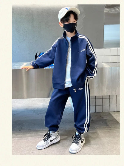 Spring Autumn Boys Navy Striped Zip Sweatshirt Coats+Sweatpant Sets School Kids Tracksuit Children Outfit Jogging Suit 3-14Yrs