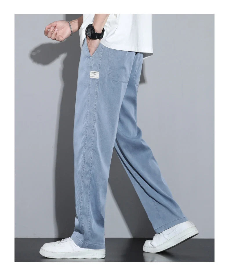 Summer Soft Lyocell Fabric Men's Jeans Thin Loose Straight Pants Drawstring Elastic Waist Korea Casual Trousers Plus Size M-5XL